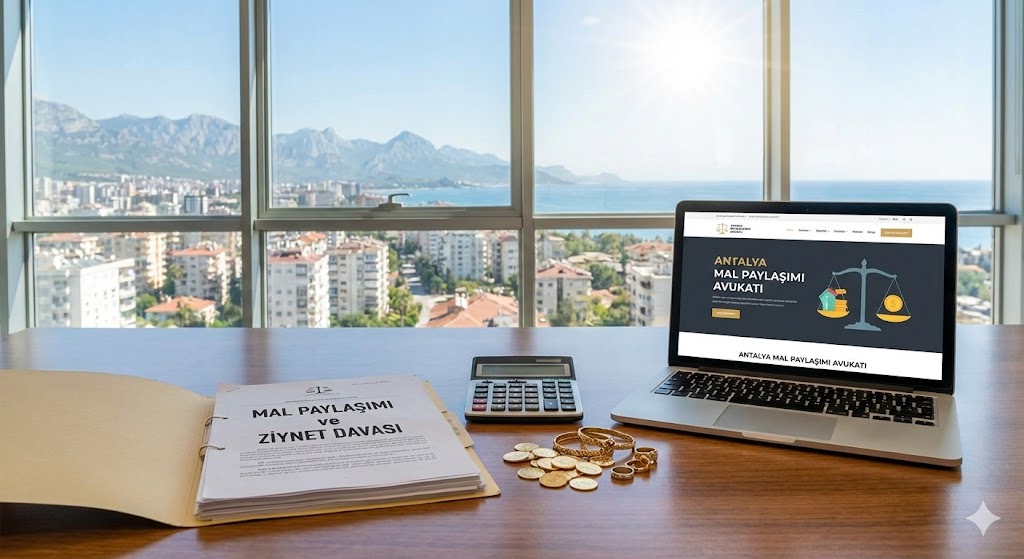 Antalya mal paylaşımı avukatı ofisinde boşanmada mal rejiminin tasfiyesi, ziynet eşyası davası dosyası, altınlar ve hesap makinesi içeren çalışma masası.
