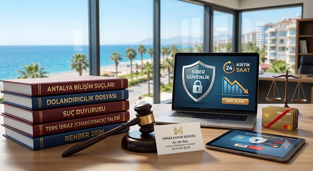 Antalya'da internet dolandırıcılığı, ters ibraz (chargeback) ve bilişim suçları dava sürecini temsil eden; hukuk ofisi masasında duran 'SUÇ DUYURUSU' ve 'BİLİŞİM SUÇLARI' dava dosyaları, siber güvenlik uyarıları içeren bir tablet, bloke edilmiş sembolik kredi kartları ve adalet tokmağı. Masada Minaz Hukuk Bürosu kartviziti, arka planda Konyaaltı ve Akdeniz manzarası.
