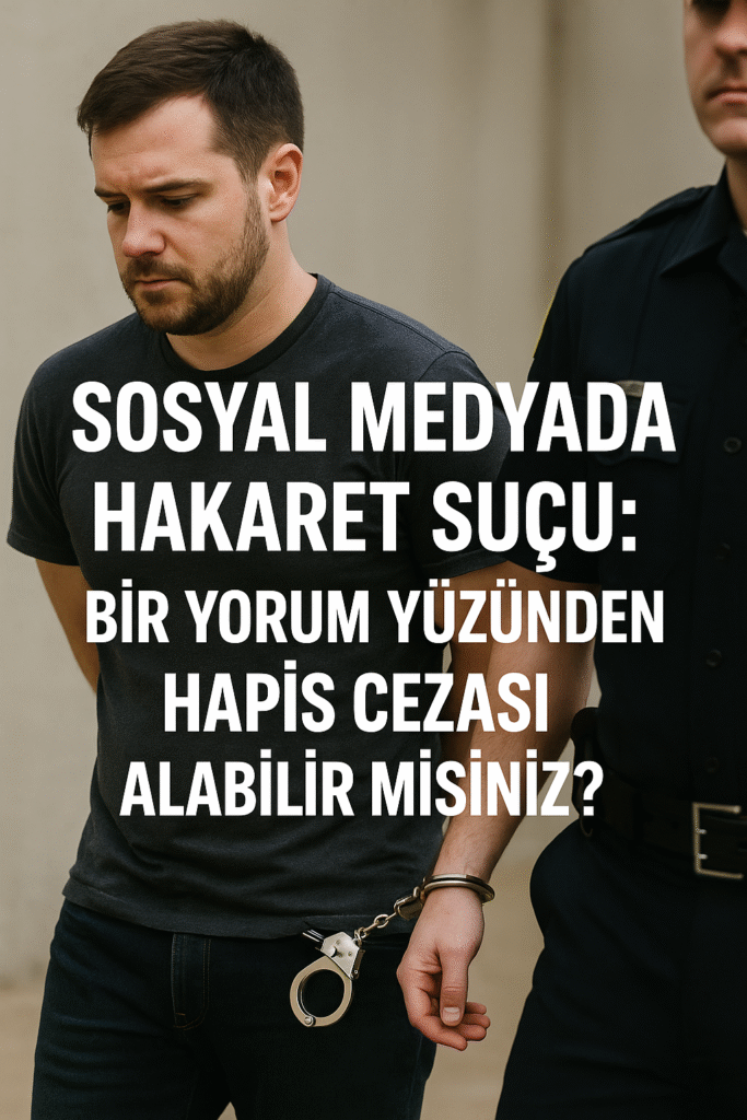 Sosyal medya üzerinden hakaret suçundan dolayı kelepçelenmiş bir kişiyi gösteren bilgilendirici hukuk görseli