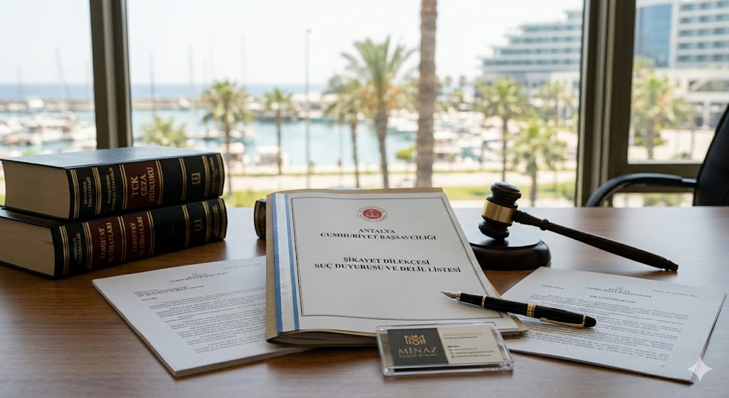 Antalya Adliyesi ceza soruşturma süreçlerini ve şikayet dilekçesi hazırlanmasını temsil eden; hukuk ofisi masasında duran 'SUÇ DUYURUSU' ve 'ŞİKAYET DİLEKÇESİ' dosyaları, Yargıtay ceza hukuku içtihat kitapları, 'KYOK RİSK ANALİZİ' evrakları ve adalet tokmağı. Masada şeffaf bir duruş sergileyen Minaz Hukuk Bürosu kartviziti, arka planda güneşli Antalya marin ve Akdeniz manzarası.