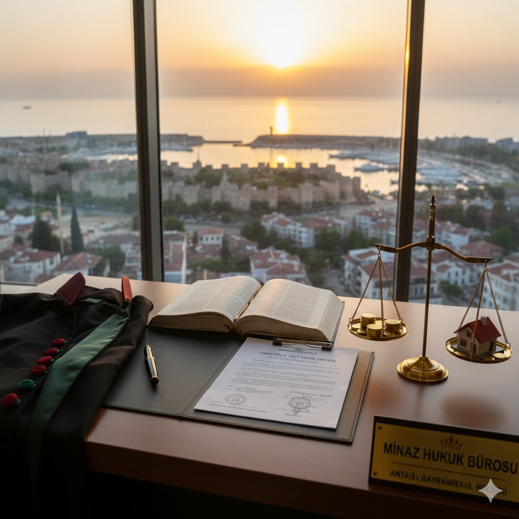 Antalya tapu iptal ve tescil davası için masa üzerinde tapu kayıtları ve avukat cübbesi, arka planda Antalya manzarası ve adalet terazisi