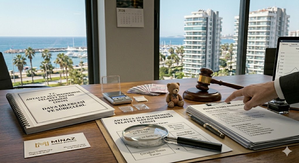 Antalya'da çocuğun velayetini alma sürecini ve 'çocuğun üstün yararı' ilkesini temsil eden; güneşli bir hukuk ofisi masasında duran resmi belgeler, 'VELAYET DAVASI' dosyası, 'GEÇİCİ VELAYET' talebi ve bir çocuğun masumiyetini simgeleyen renkli kalemler ile çizimler. Masada hâkim tokmağı ve Minaz Hukuk Bürosu kartviziti, arka planda Antalya palmiyeleri ve deniz manzarası. Süreç, SİR Raporu ve 2026 Kriterleri.